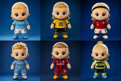Blond chibi soccer mascot poses in blue studio lighting