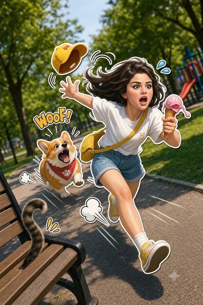 Selena and Tom sprint through chaos while a hat flies away