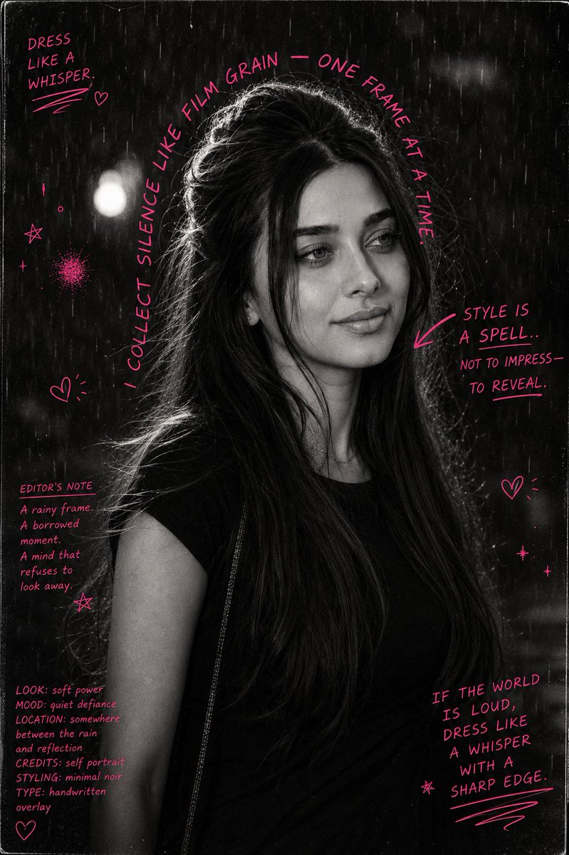 A mysterious figure stands in rain with neon pink annotations