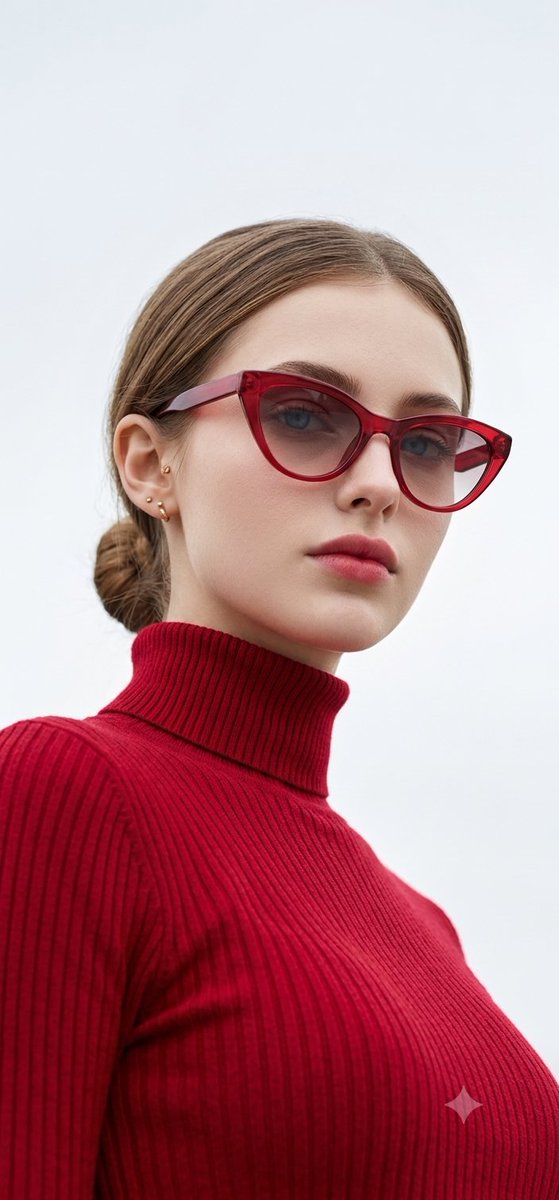 Crimson Turtleneck and Cherry Sunglasses Define High-Fashion Editorial Portrait