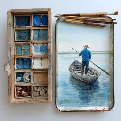 A watercolor fisherman in a boat rests beside a rustic palette.