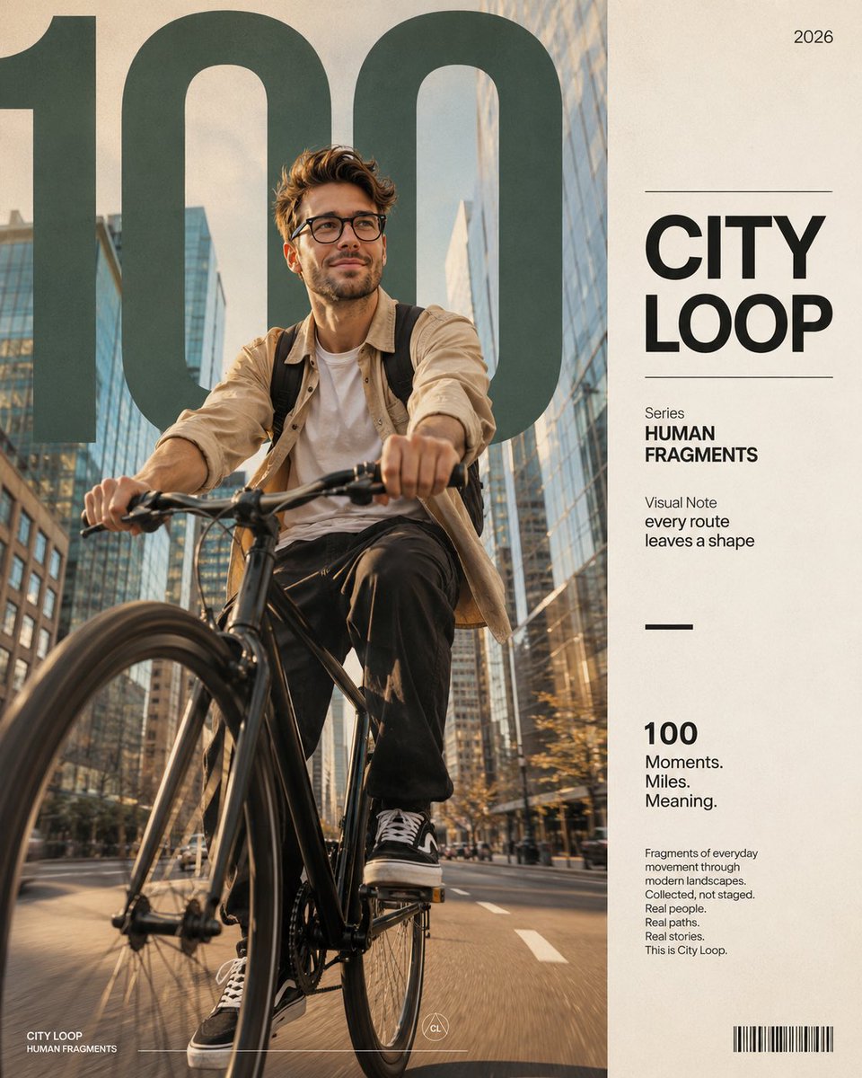 A cyclist rides through a sunlit city with skyscrapers behind him