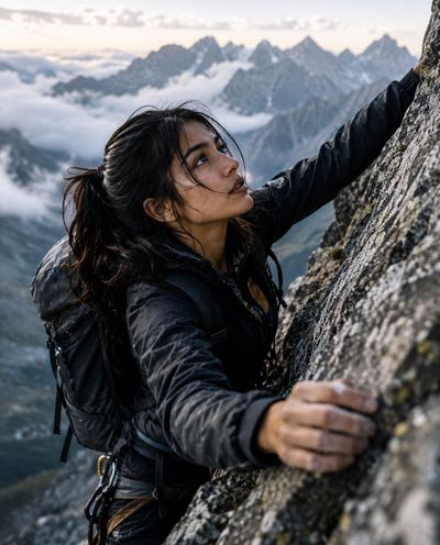 A determined climber conquers a rugged peak above clouds.