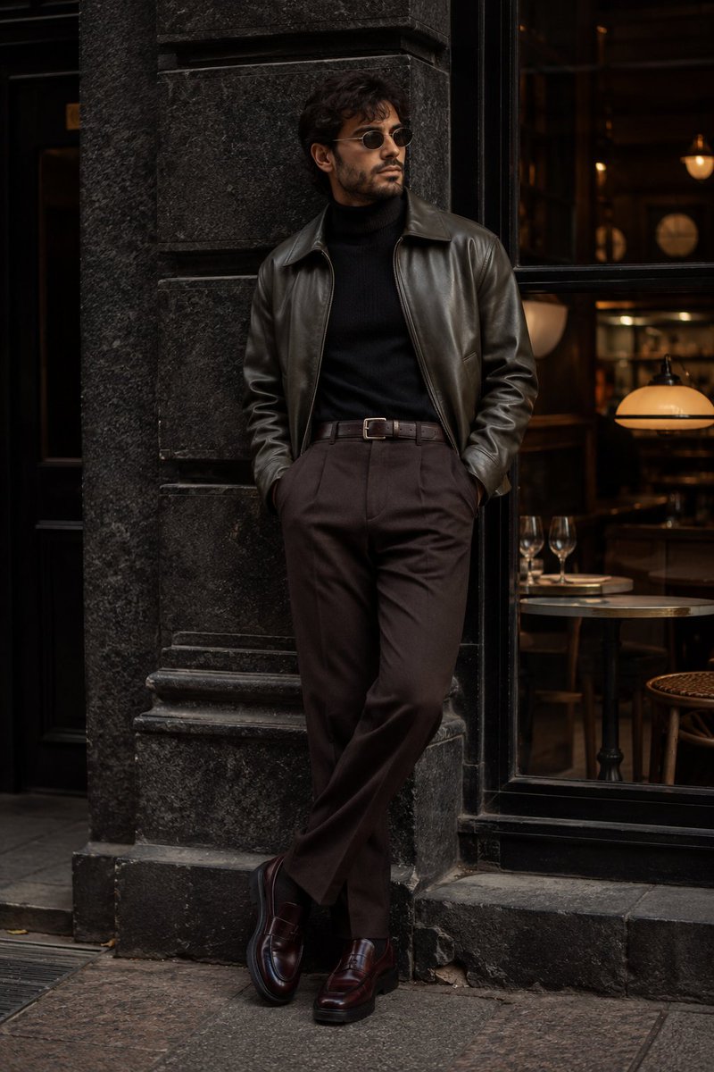 A stylish young man leans against a textured stone wall in warm city light.