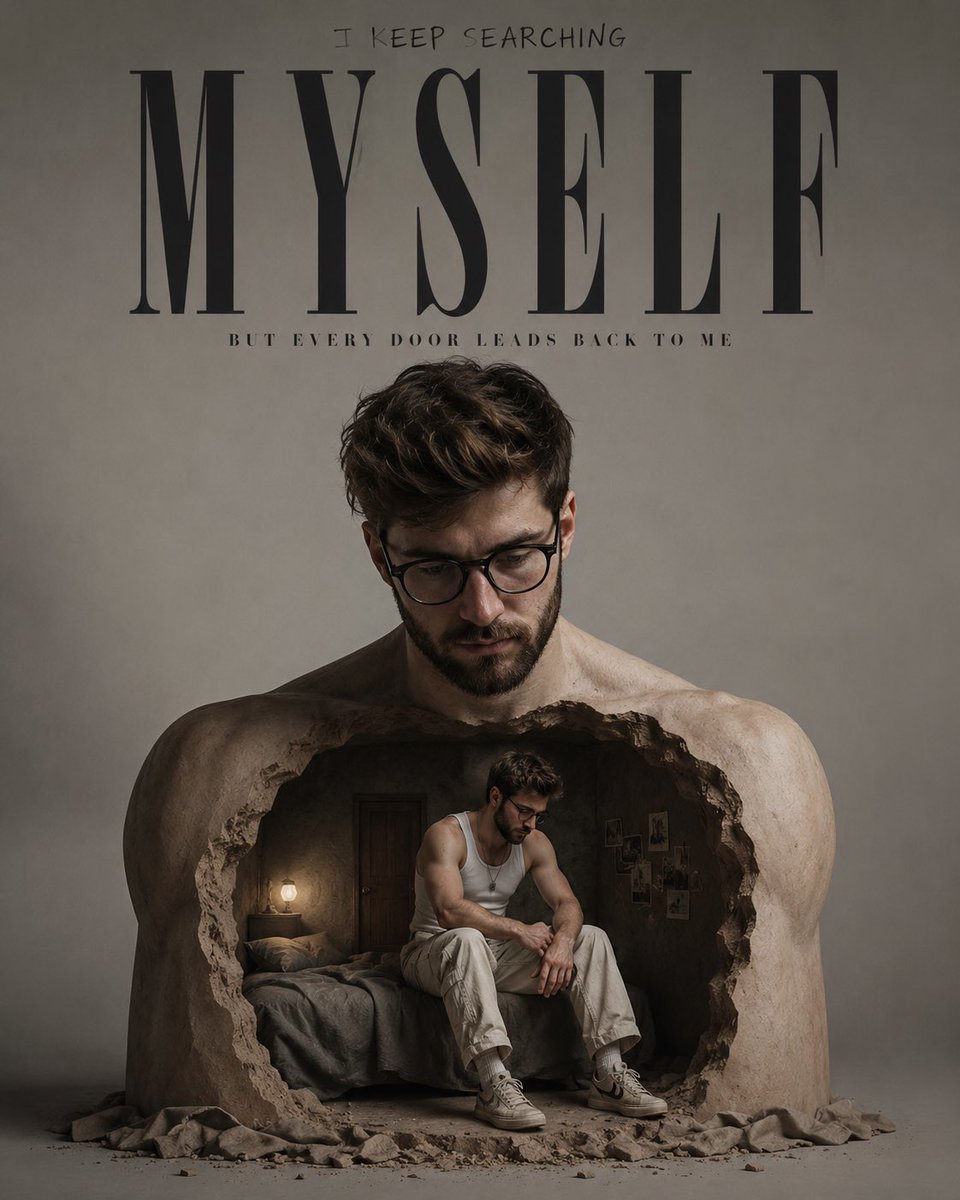 A man sits inside his own hollow chest sculpture in a gray studio