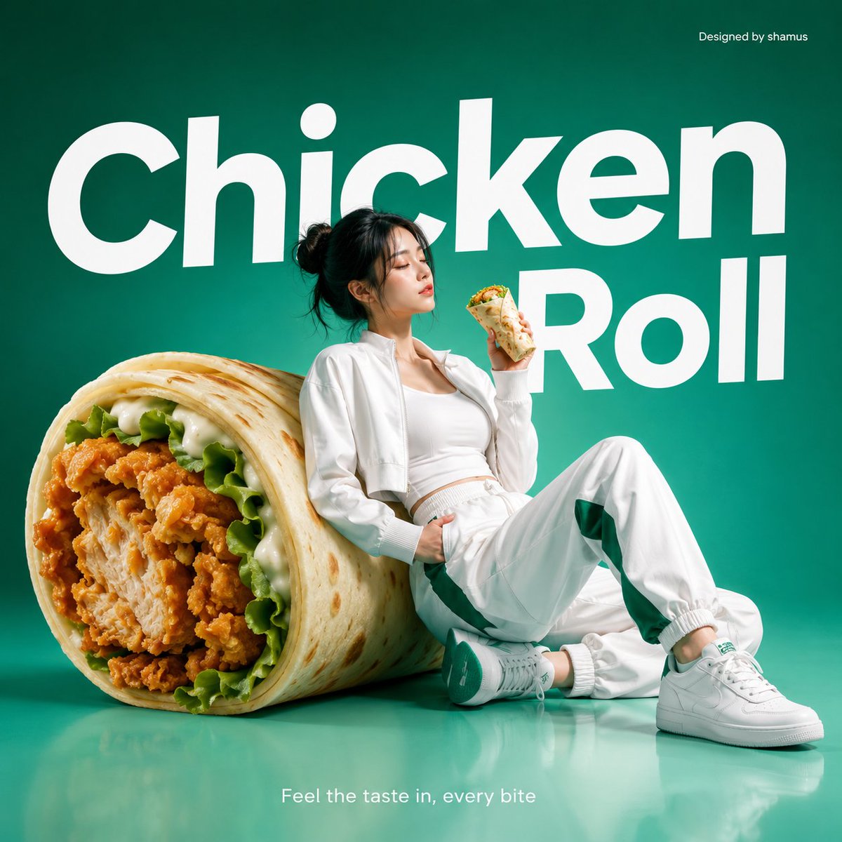 Woman leans against giant chicken roll in minimalist teal ad
