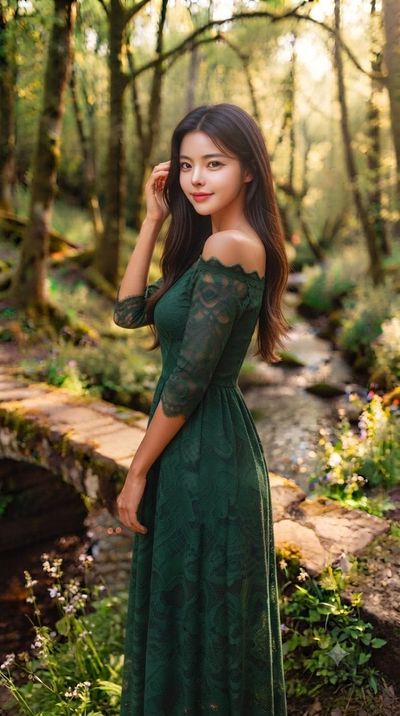 A woman in a green lace gown poses in a sunlit forest