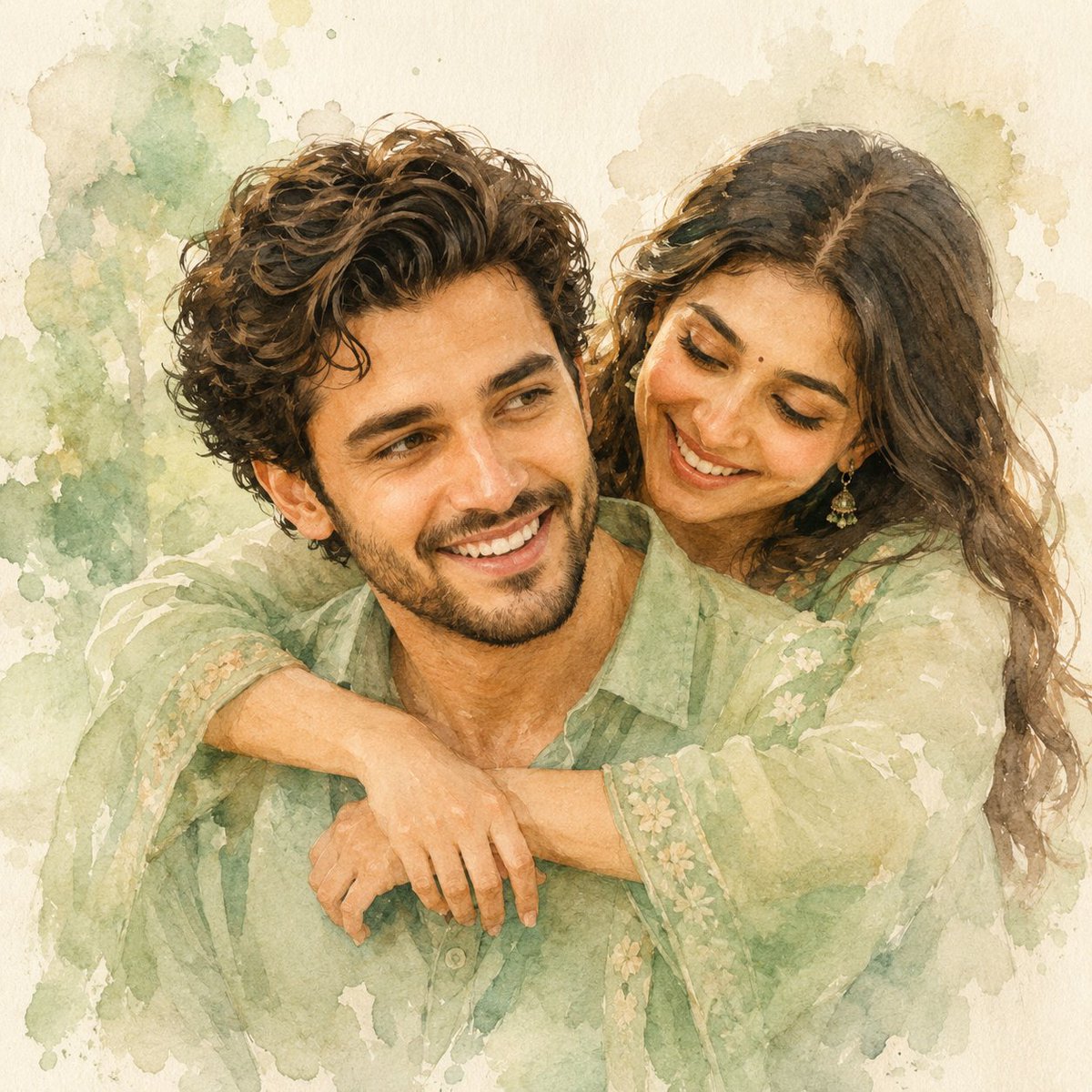 A smiling couple shares a loving embrace in watercolor tones