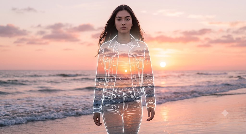 Sunset beach scene appears inside a woman's silhouette with wireframes