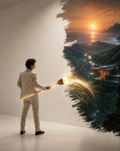 Artist paints a living future onto a white wall with a glowing golden brush