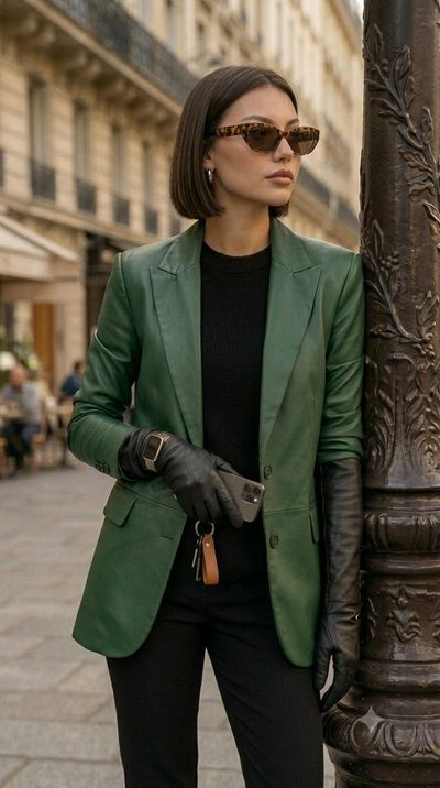A chic woman in green leather blazer poses against a Parisian lamp post.