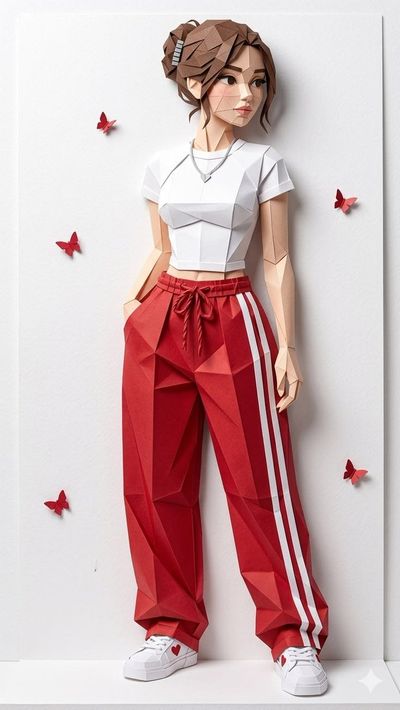 Paper Woman in Red Track Pants Stands with Floating Butterflies