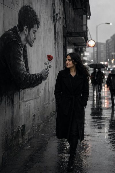 Red rose mural offers color to woman in monochrome rain