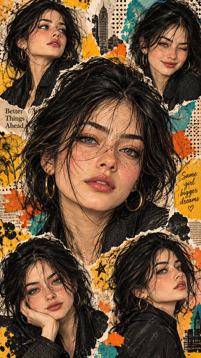 Same woman in multiple poses within a vibrant collage portrait