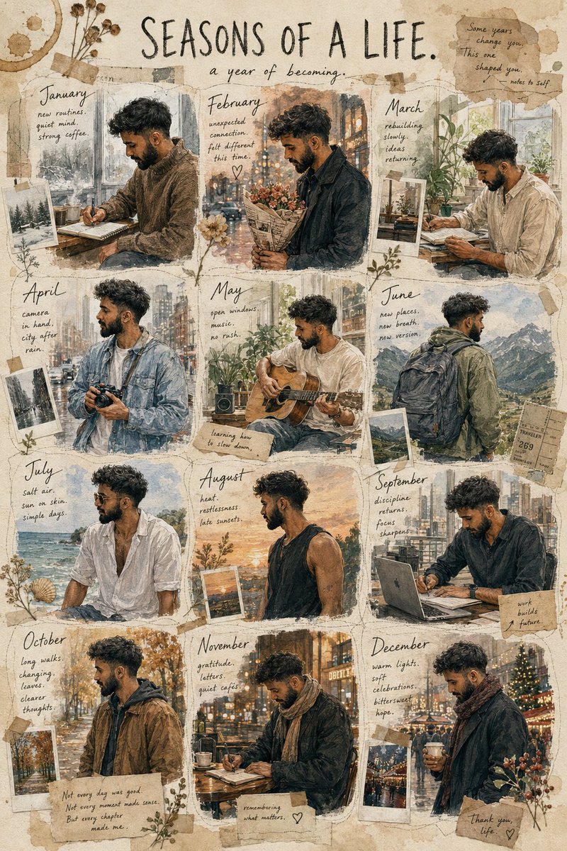 A man evolves through twelve months in a scrapbook almanac