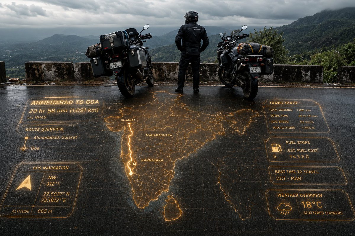 Adventure motorcyclists pause at golden HUD map overlook in India.