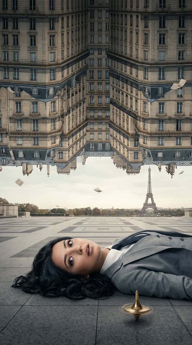 A woman lies on Paris plaza as the city folds down from above