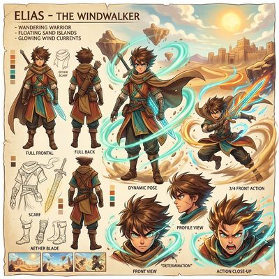 A wandering warrior glows with elemental energy in a desert