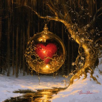 Glowing Golden Glass Orb Encasing Red Heart in Snowy Forest