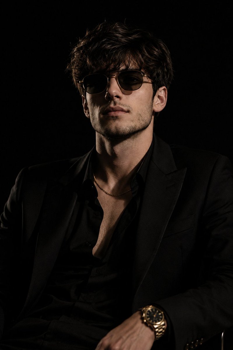 A stylish man in a black suit poses against a dark background