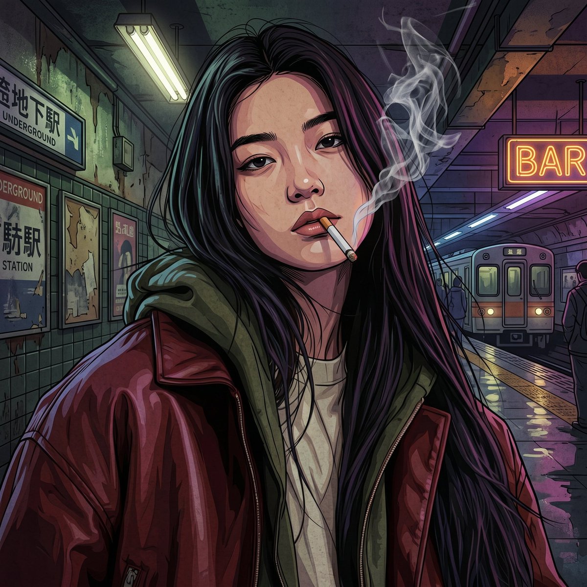 Smoke Curls Around Her Face in Gritty Subway Noir