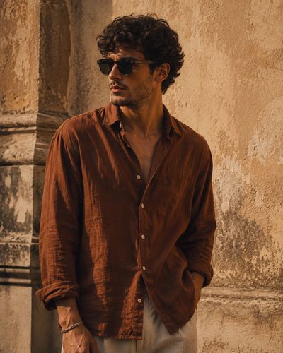 Mediterranean man leans against rustic wall in golden sunlight