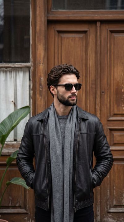 Male model in black leather jacket poses by weathered wooden doors