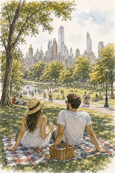 Couple enjoys sunny picnic in Central Park with skyline view