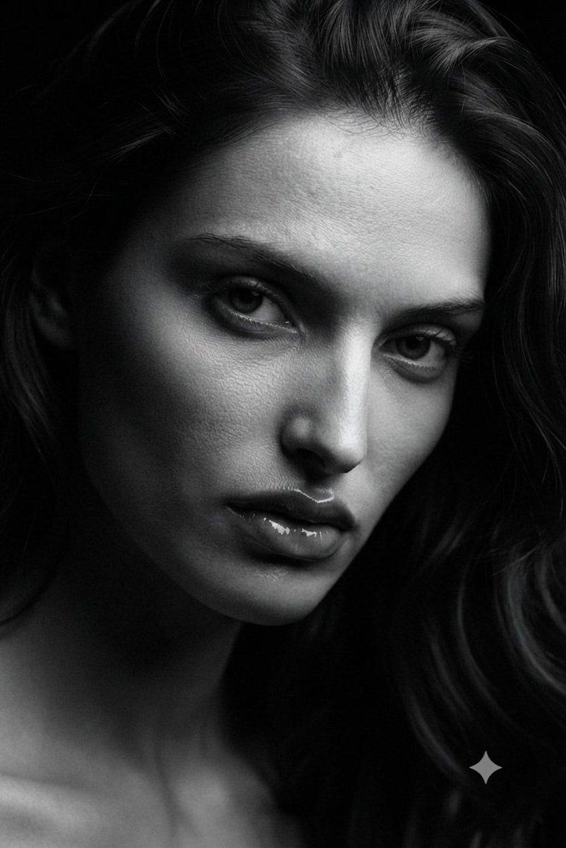 A monochrome close-up captures intense soulful eye contact.