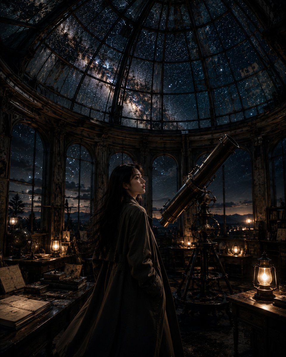 A woman in ivory coat observes stars through cracked dome glass.
