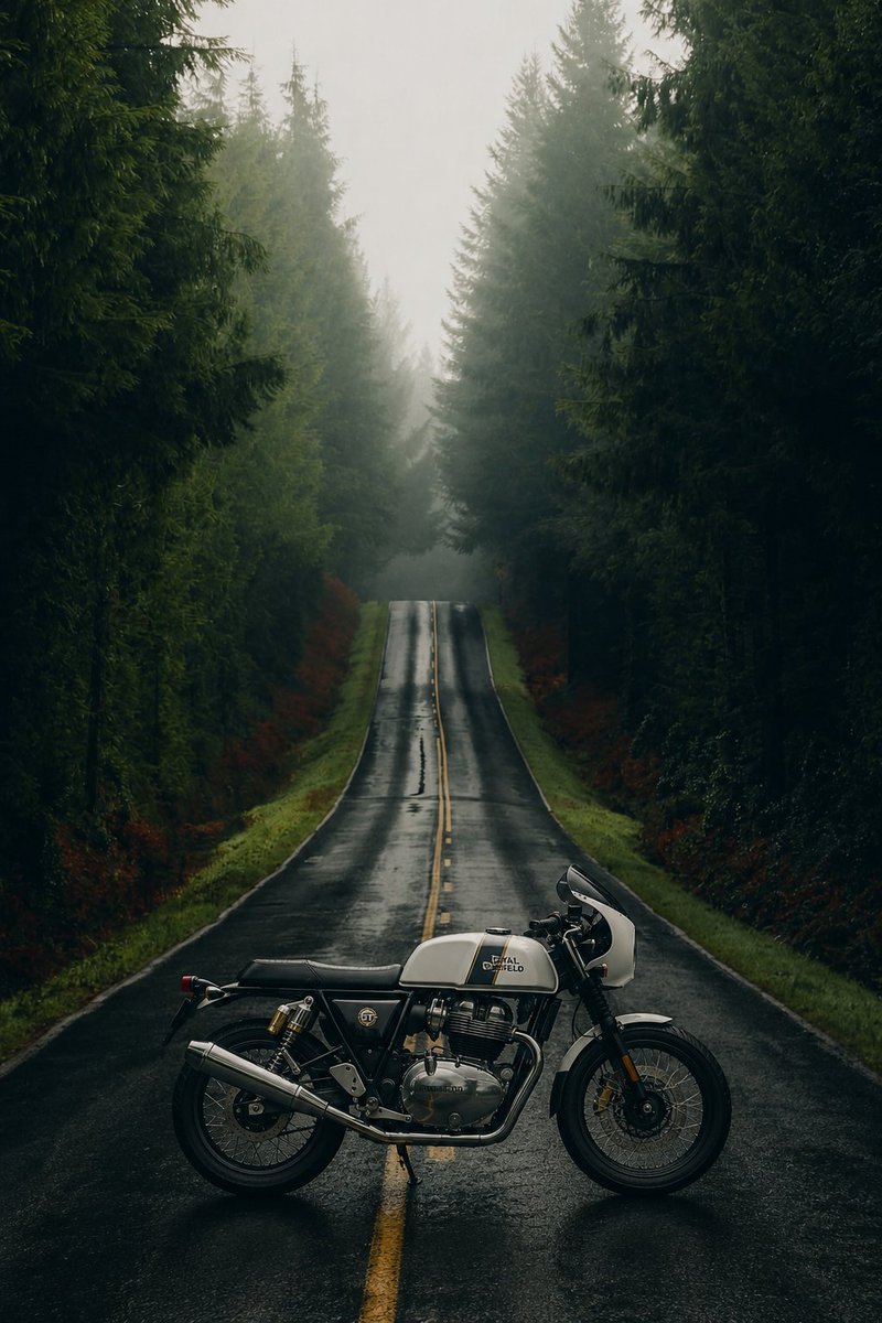 White Royal Enfield GT 650 centers wet road through misty pine forest.