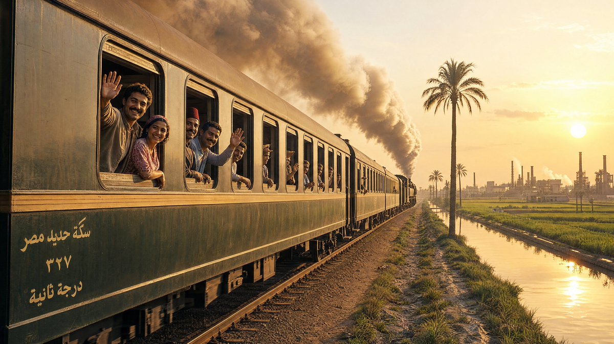 Vintage steam train crosses Nile Delta fields under golden sunrise