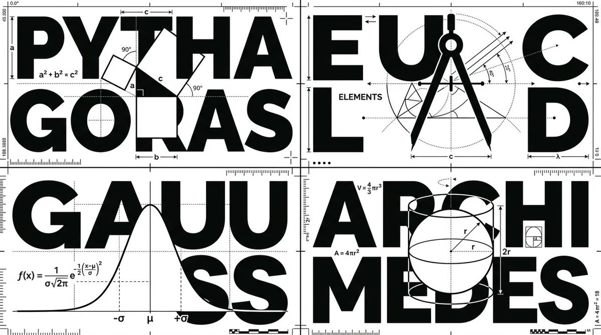Mathematical figures emerge in bold black and white typography grid