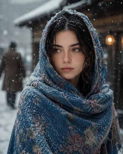 Young woman in a snowy village gazes calmly under falling snowflakes