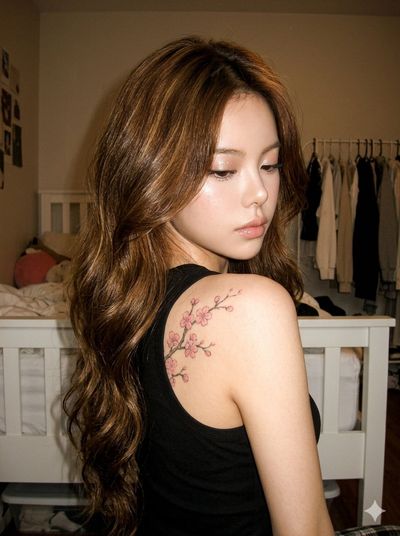 A woman with chestnut hair and cherry blossom tattoo looks back