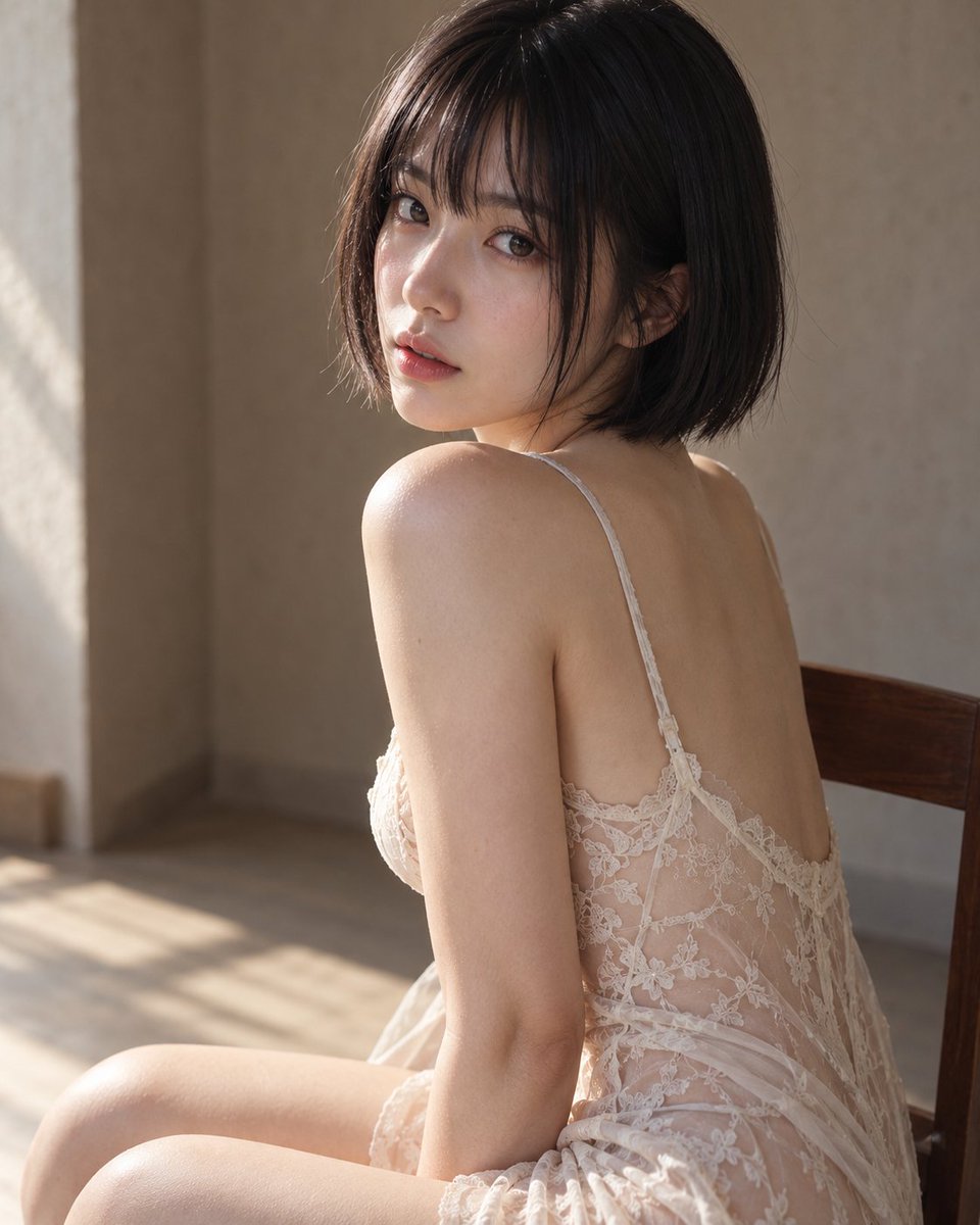 Woman in lace slip dress turns to gaze over shoulder in sunlit room