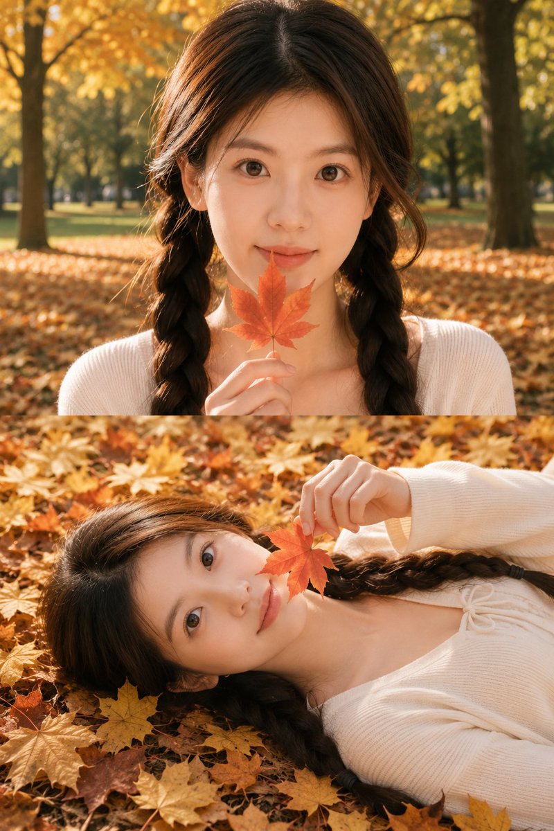 A woman holds an orange maple leaf near her lips in golden sunlight