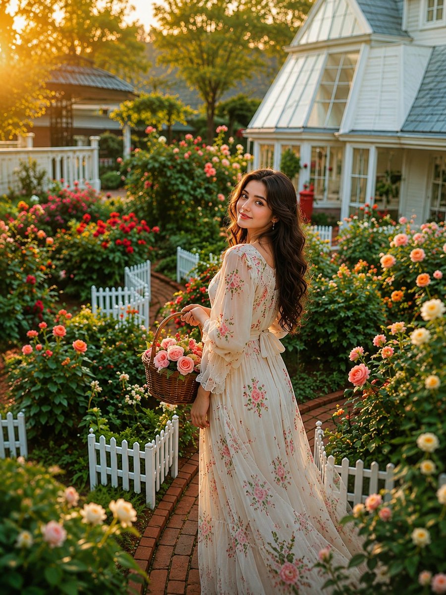 A young woman in an ivory dress carries roses through a sunlit garden.