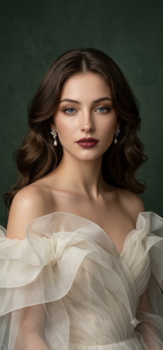Elegant Woman in Ivory Couture Gown Poses Against Forest Green