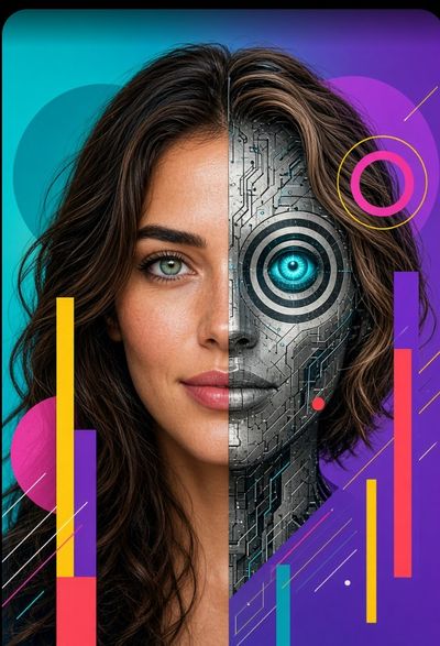 Split Face Cyberpunk Portrait Fuses Human and Robotic Elements