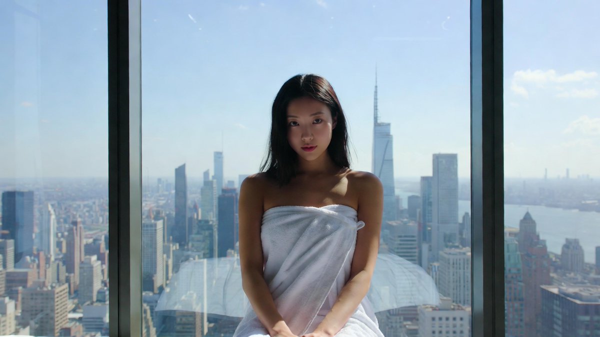 Woman in white towel sits calmly by expansive city window