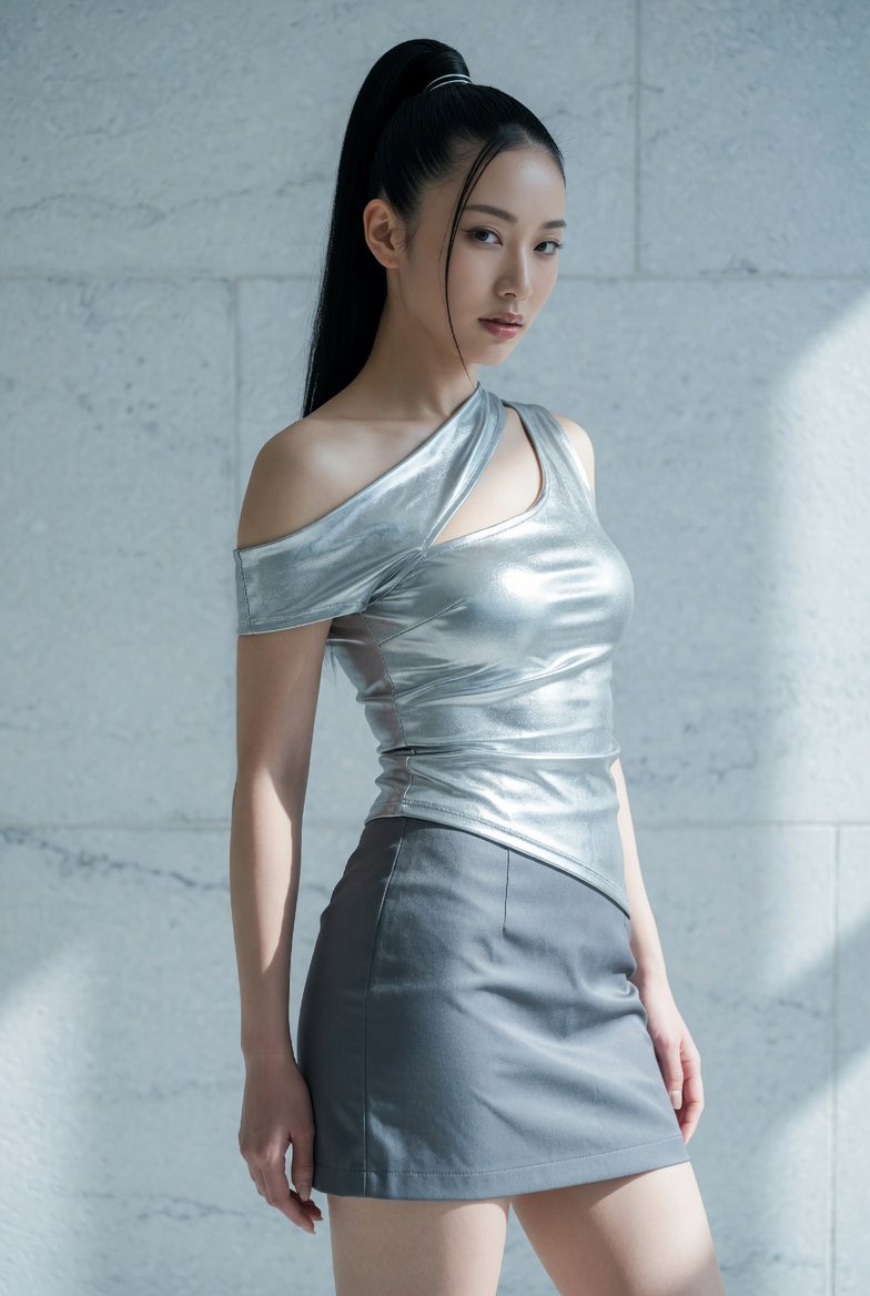 Japanese model in silver top poses against cold stone wall