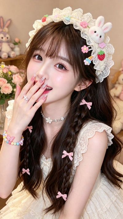 Sweet Lolita Girl with Hand Near Lips in Cream Room