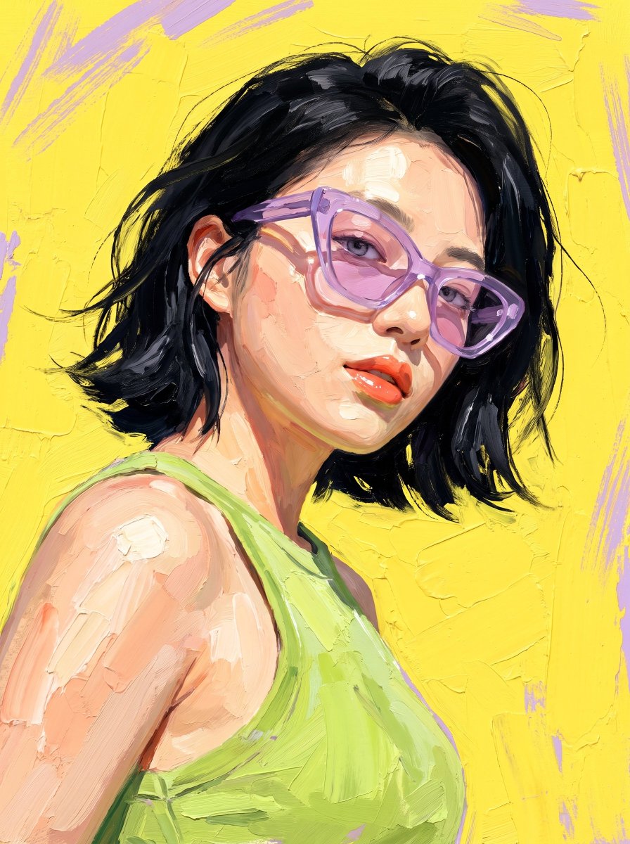 Low-angle portrait with lavender glasses against a sunny yellow sky