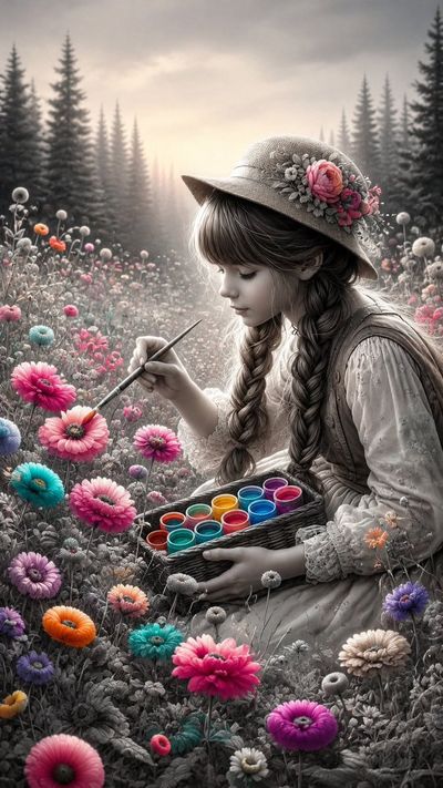 A girl paints vivid flowers in a monochrome misty field.