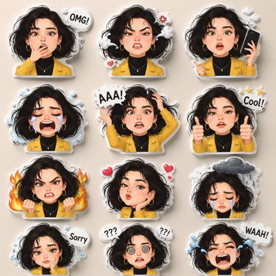 Chibi Pixar sticker pack with girl's face in 12 expressions