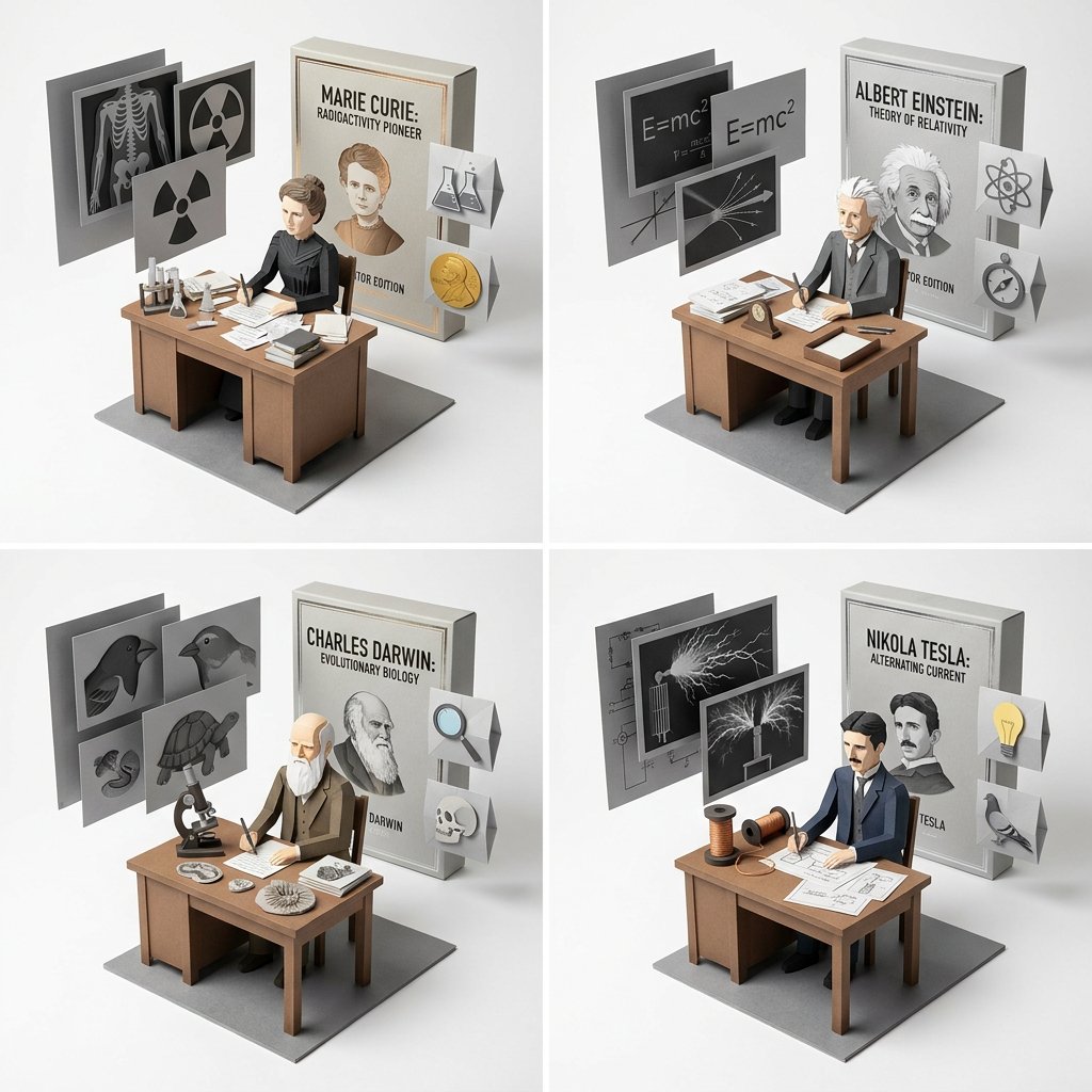 Kirigami scientists craft layered paper dioramas at wooden desks