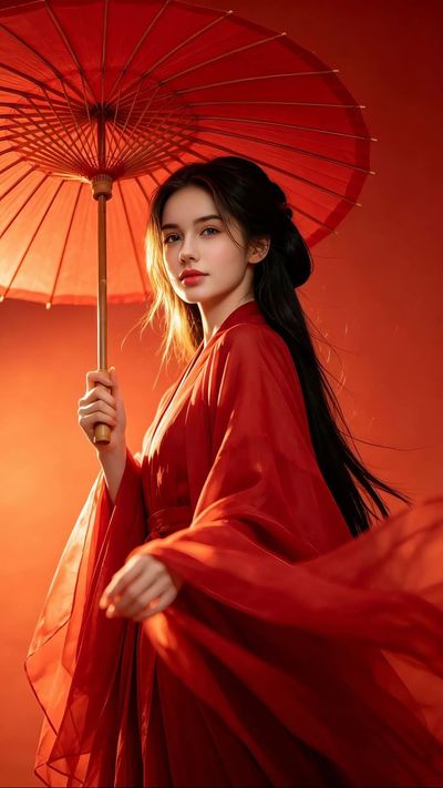 A young woman in a red Hanfu holds an umbrella under warm light.