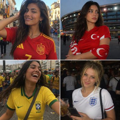 Four women in national football jerseys celebrate World Cup spirit candidly