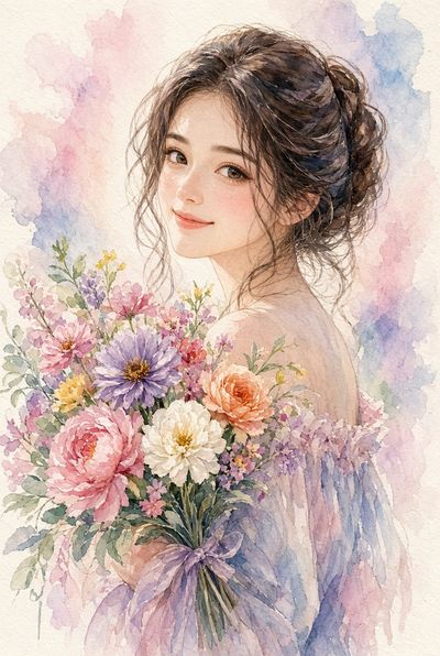 Watercolor portrait of woman with pastel blooms and soft smile